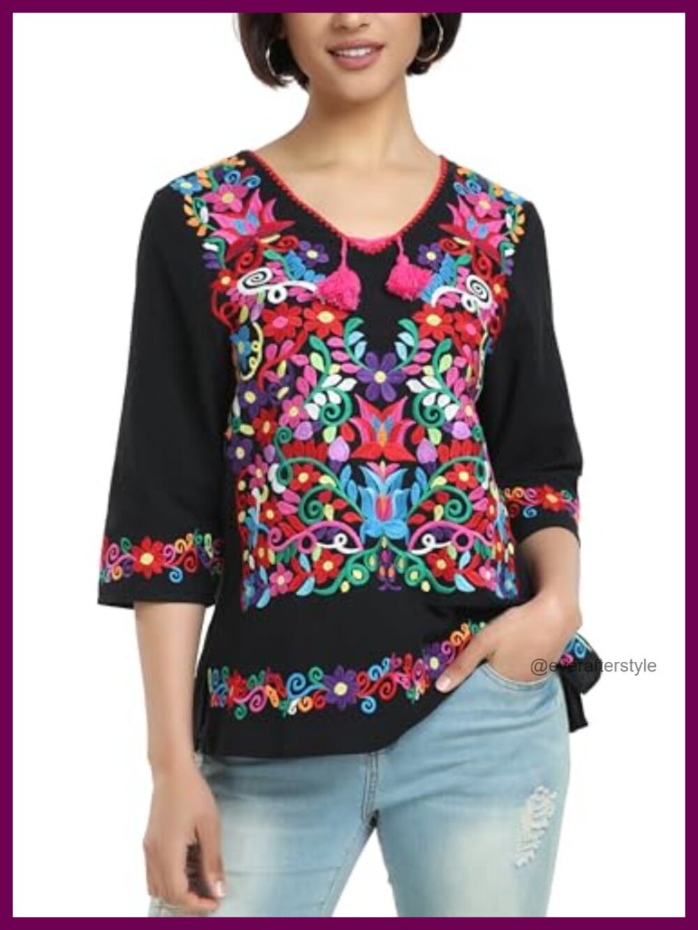 Womens Cotton Embroidered Tunic Blouse V Neck 3/4 Sleeve Mexican Boho Top